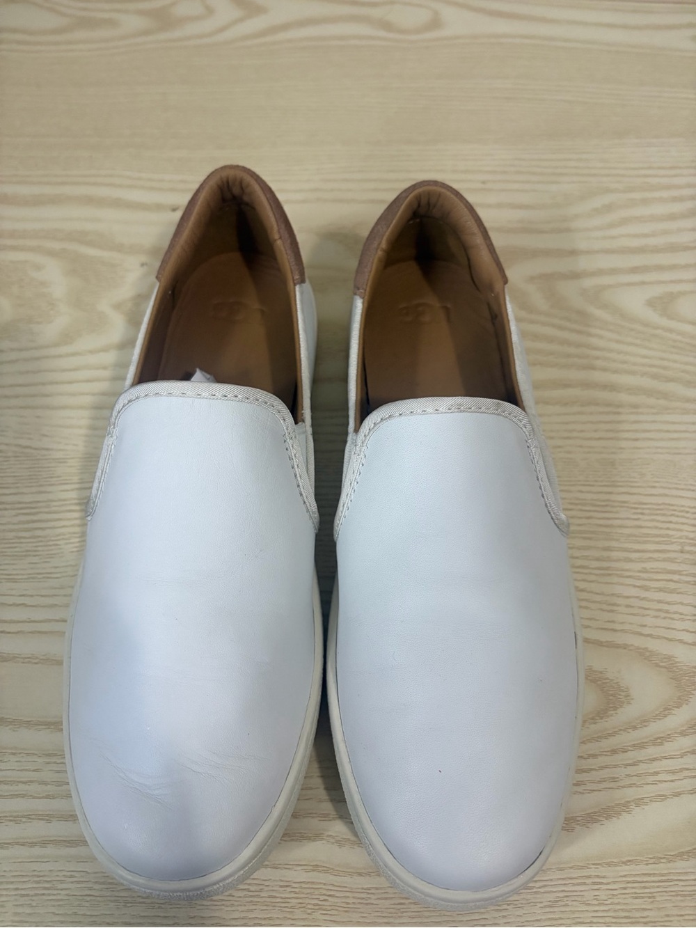 UGG White Leather Slip-On Flats with Tan Interior